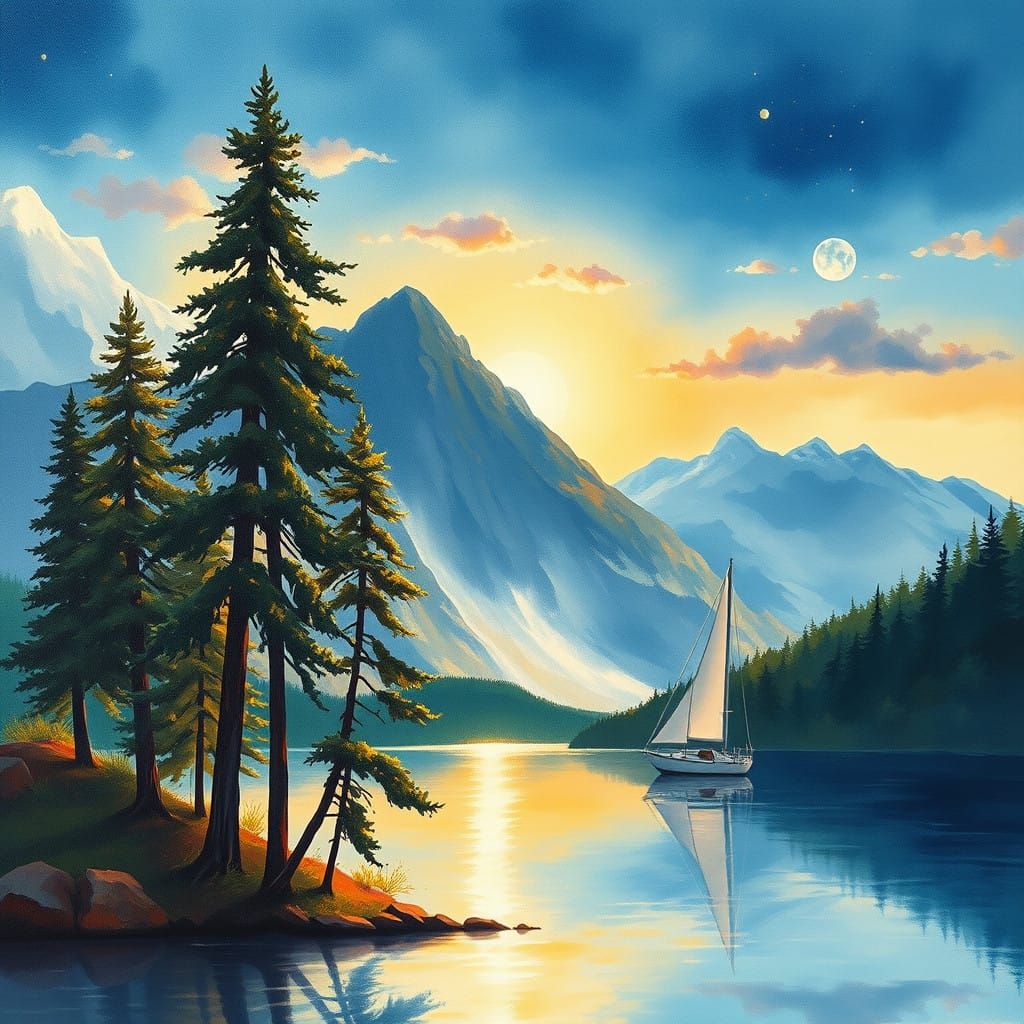 Epic Sunset on a Serene Mountain Lake in Impressionist Style
