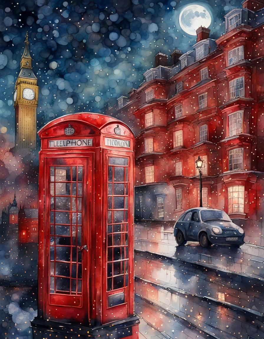 London Cityscape at Night in Watercolor Style