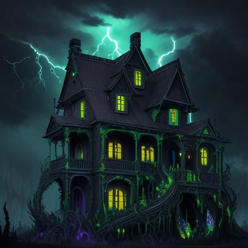Bioluminescent Haunted House: Dark Surrealism in Neon