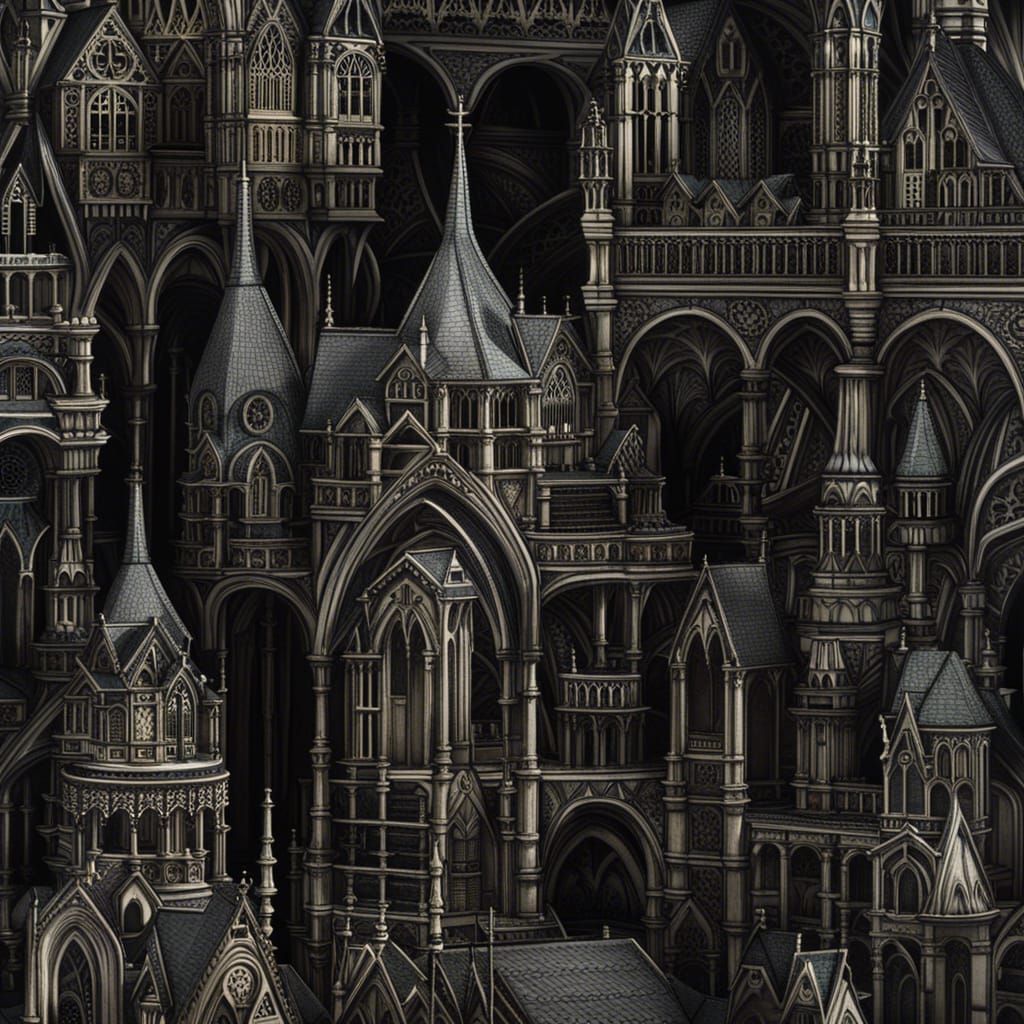 Dark Gothic Church Dollhouse: Hyperdetailed Oil Painting
