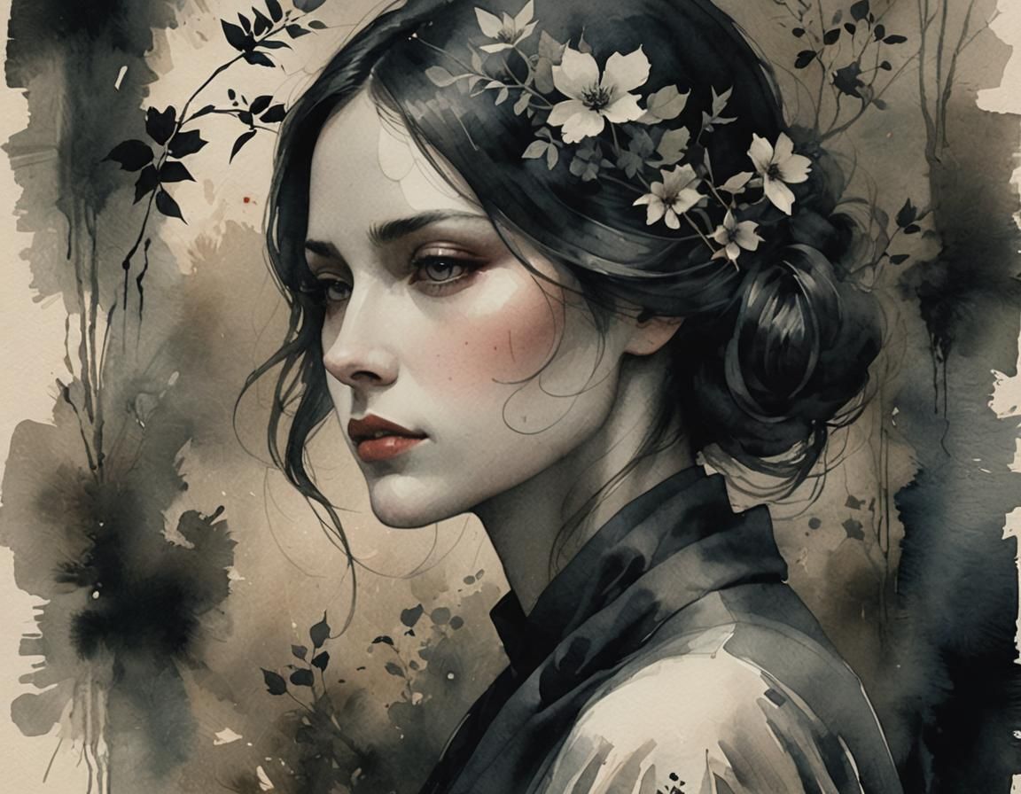 Moody Watercolor of a Melancholic Woman