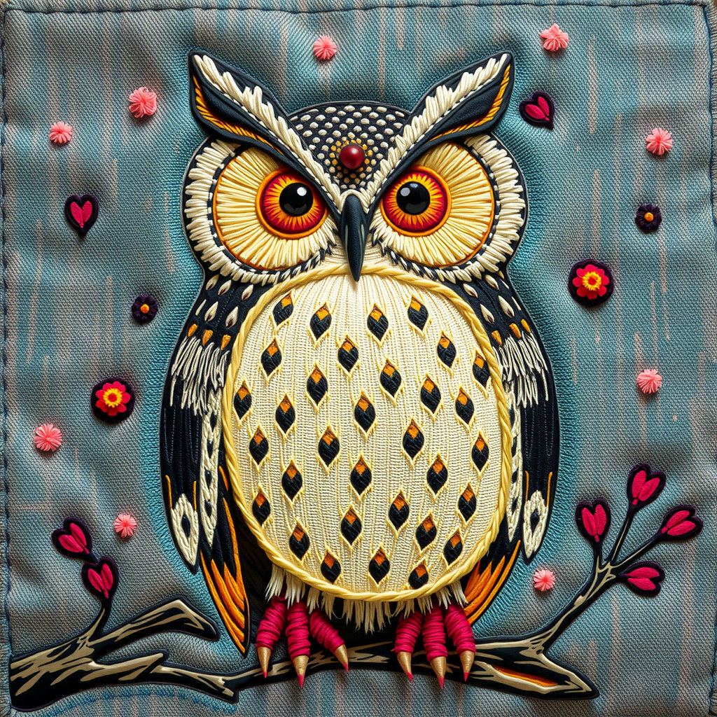 Hyperrealistic Embroidered Owl in 8K UHD Detail
