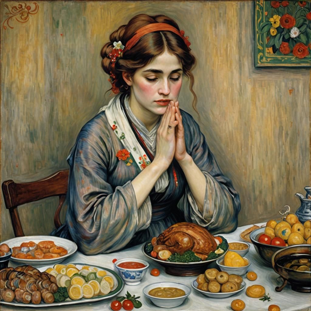 Woman Praying: Klimt, Waterhouse, Renoir Style