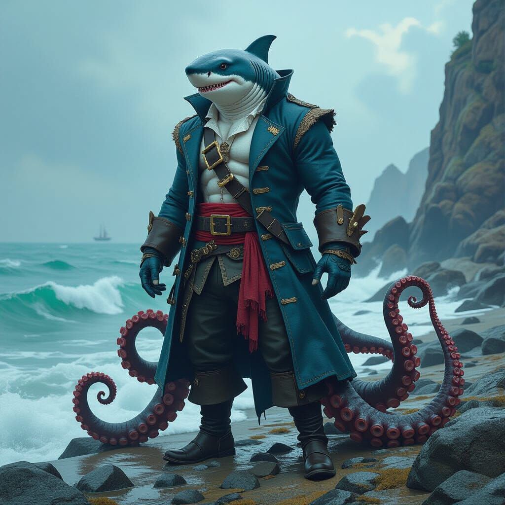 Shark-Octopus Hybrid on German Coast, Matte Painting Style