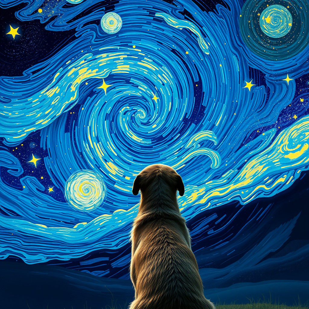 Dog Gazing at Starry Night Sky in Van Gogh Style