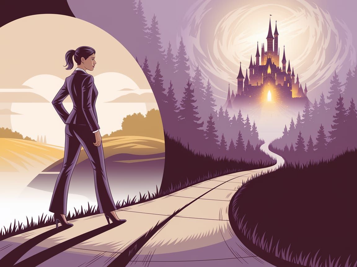 Businesswoman at Crossroads: Fantasy Art Style