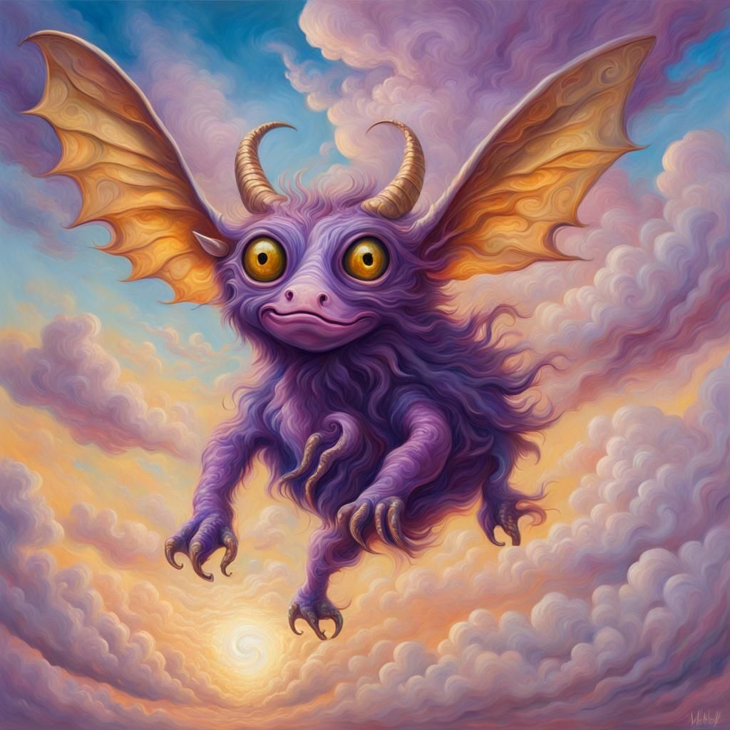 Flying One-Eyed Purple Creature in Surreal Oil Painting