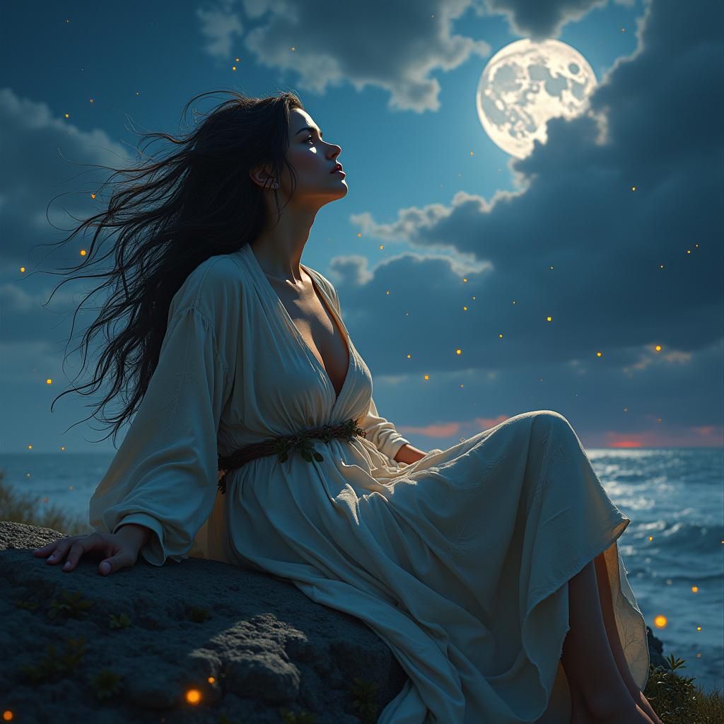 Windswept Woman Under Turbulent Skies in a Stormy Night