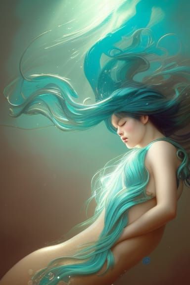 Aquamarine Mermaid Goddess Portrait, Digital Art