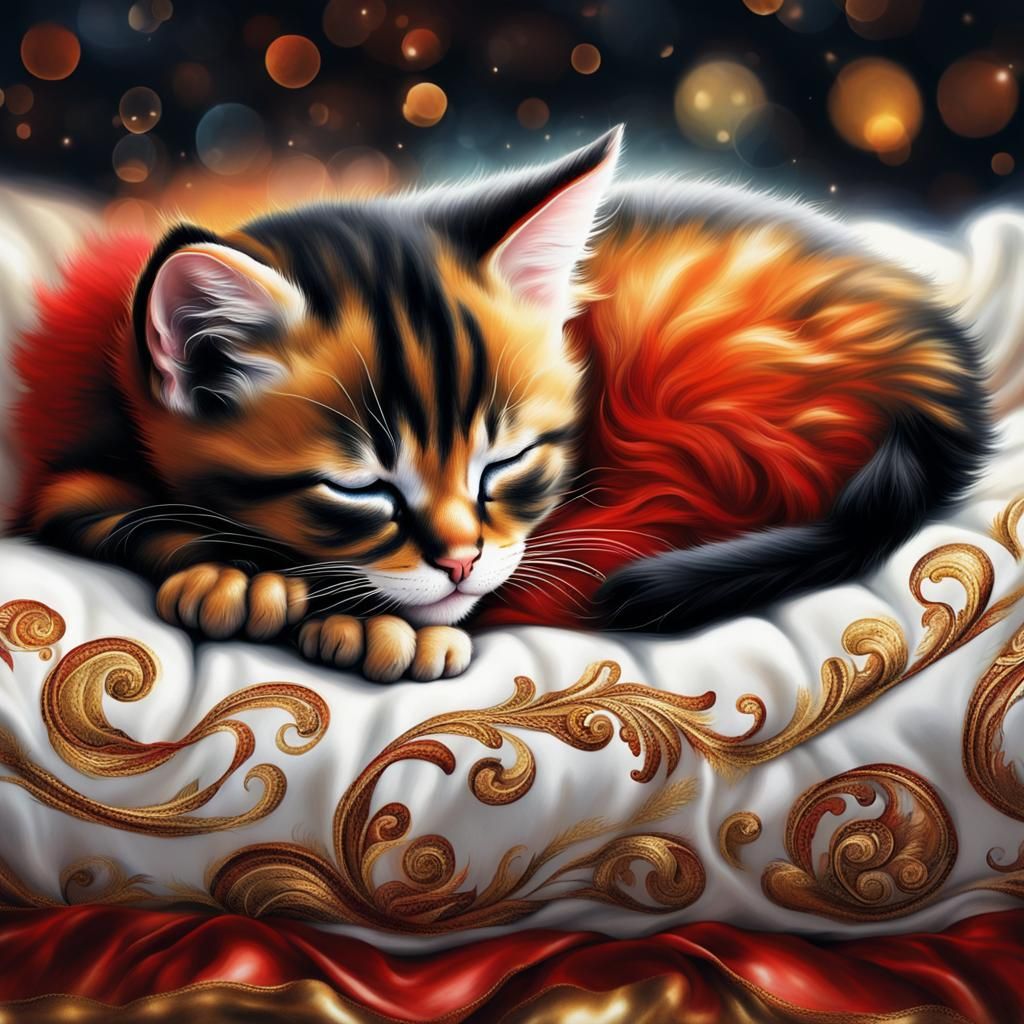 Sleeping Kitten on Cushions in Airbrush Art
