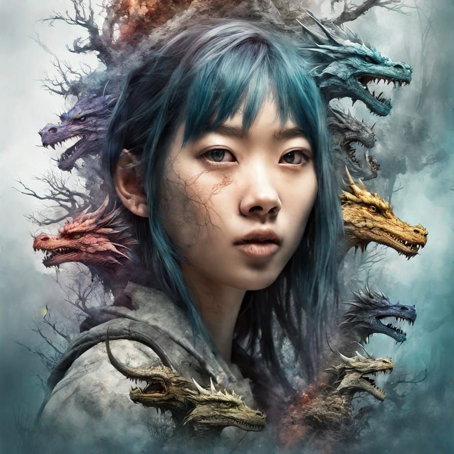 Colorful Double Exposure: Girl and Dragons