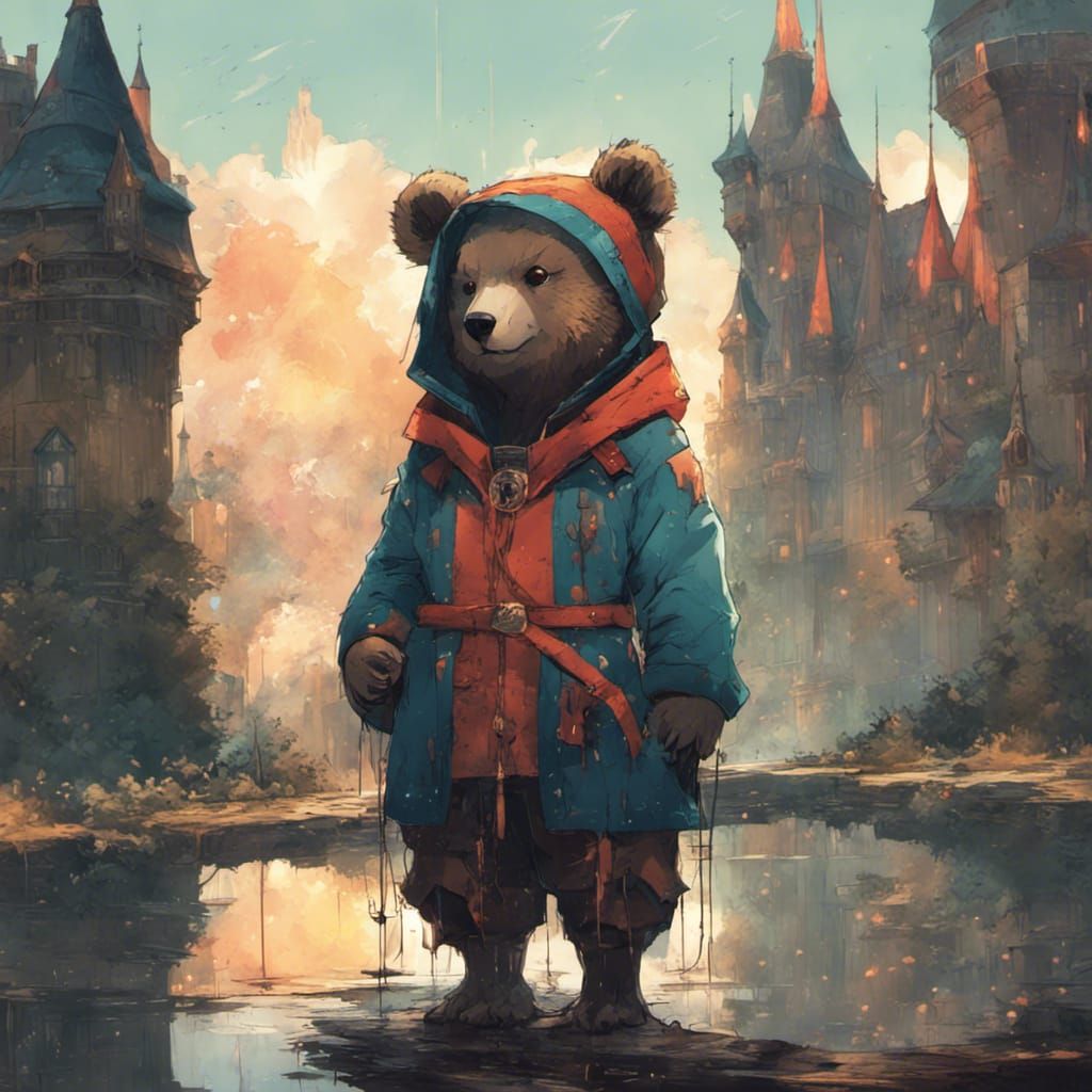 Anime Bear Cub Jester with Castle Background