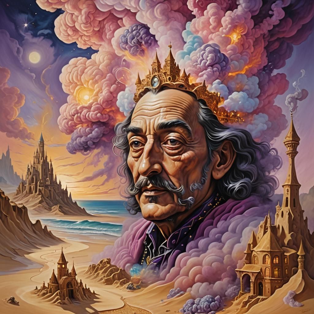 Wizard Builds Sandcastles in Brain: Surreal Oil Painting