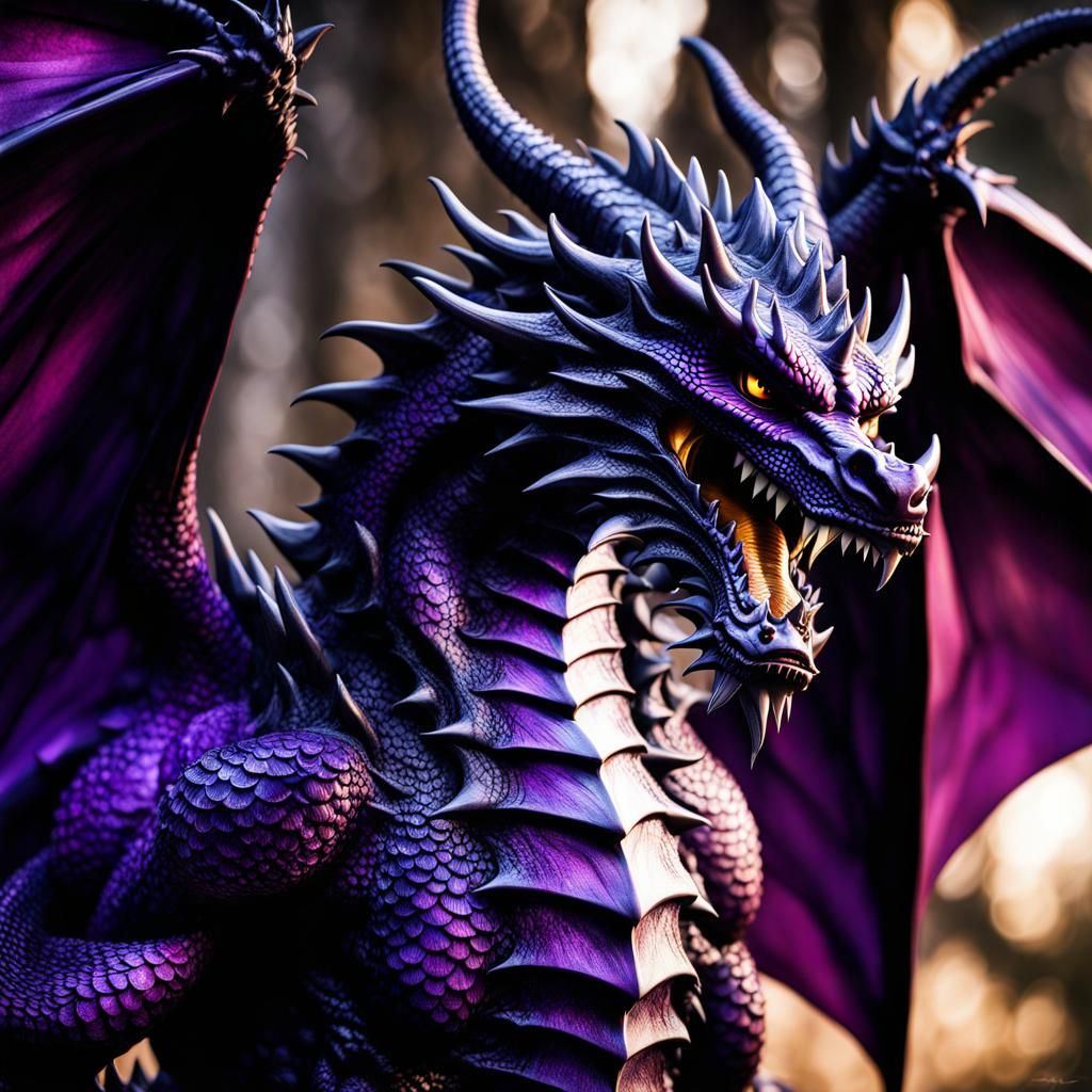 Fissile Obsidian Dragon with Open Wings, Hyperrealistic Art