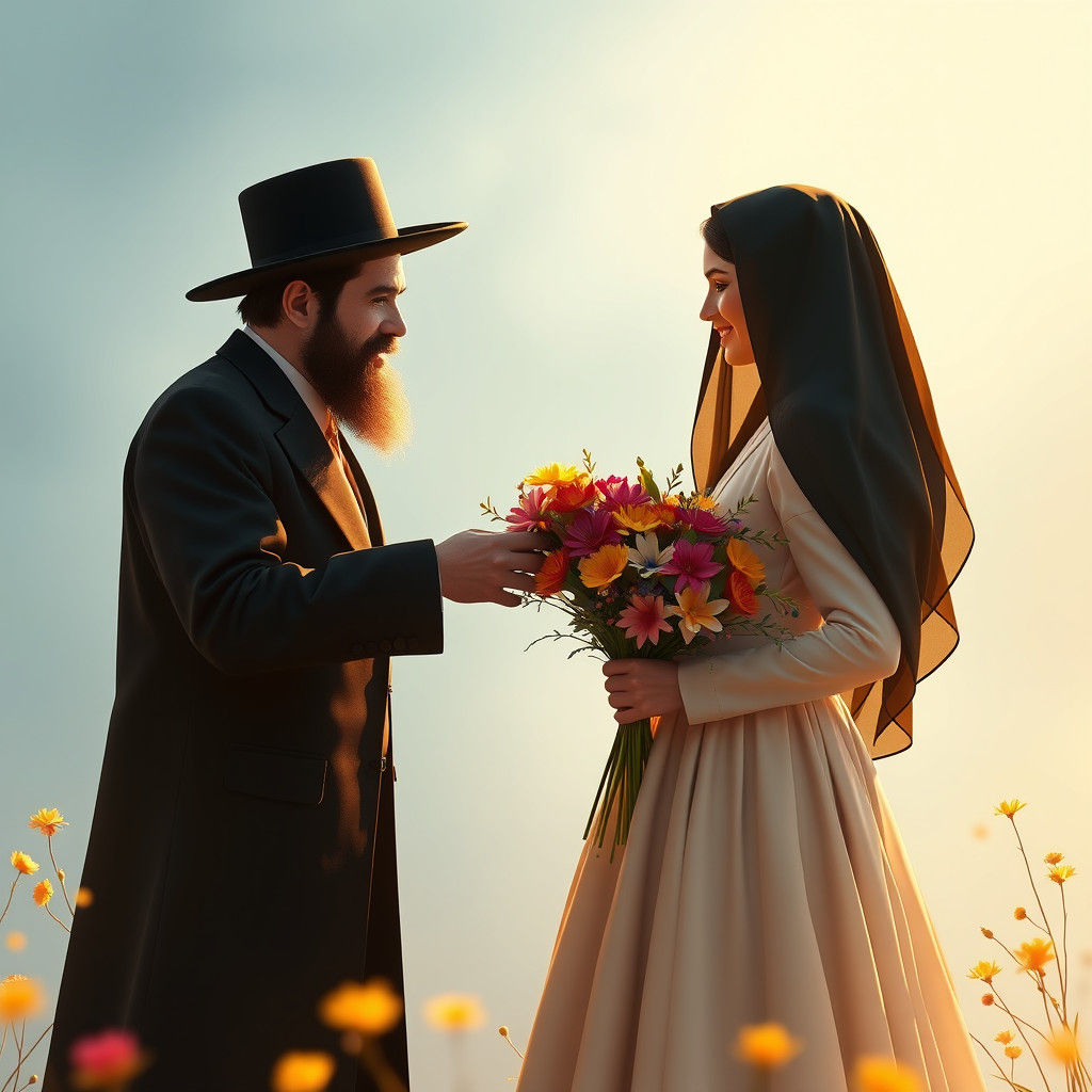 Husband Gives Wife Flowers in Dreamlike Setting