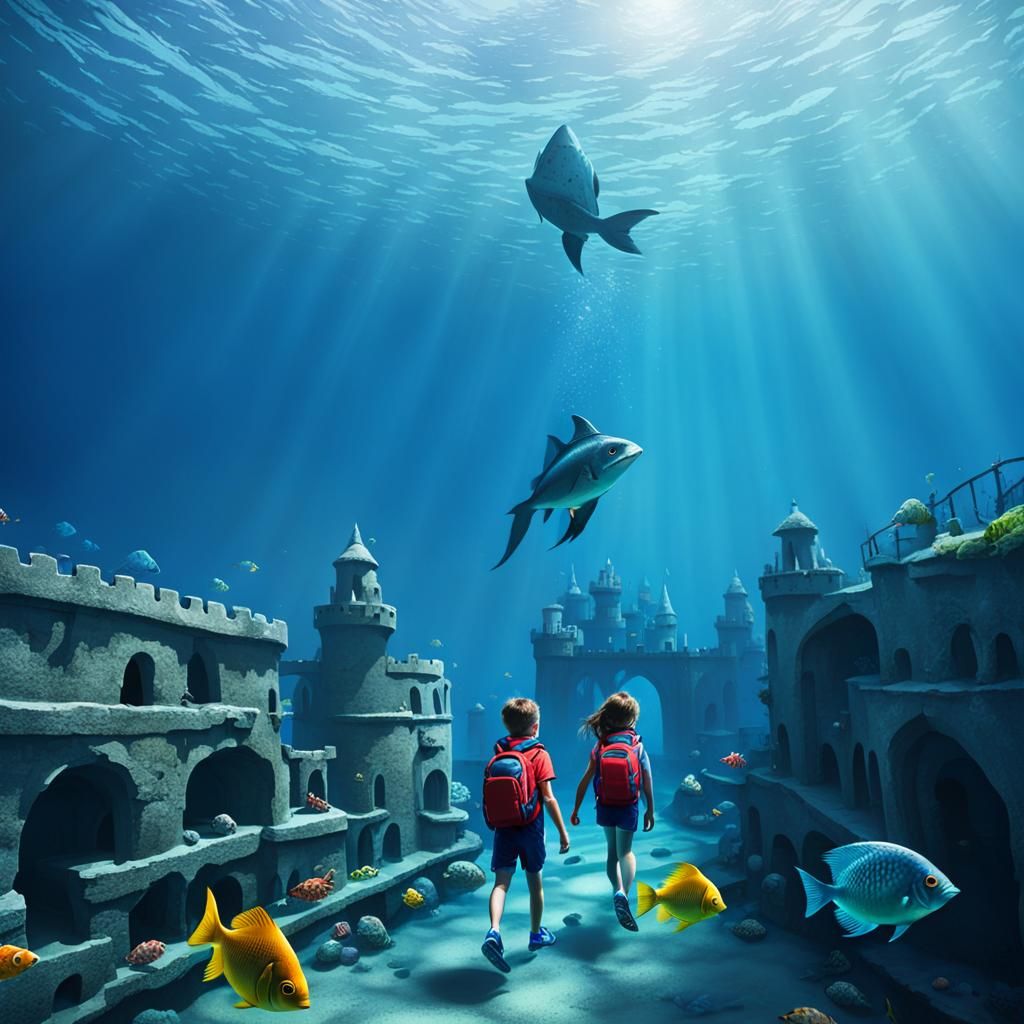 Siblings walking through the depths of the ocean, a giant un...