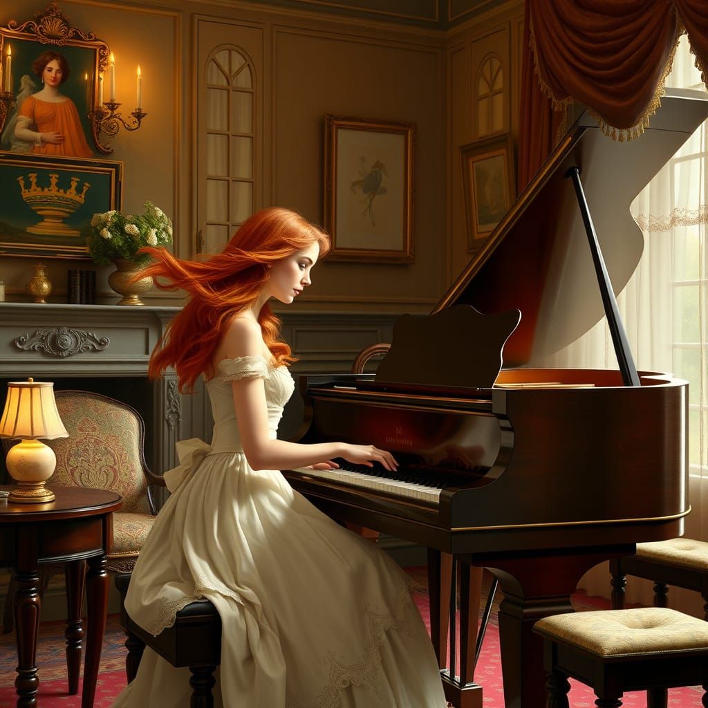 Red-Haired Lady Plays Piano in Romantic Style
