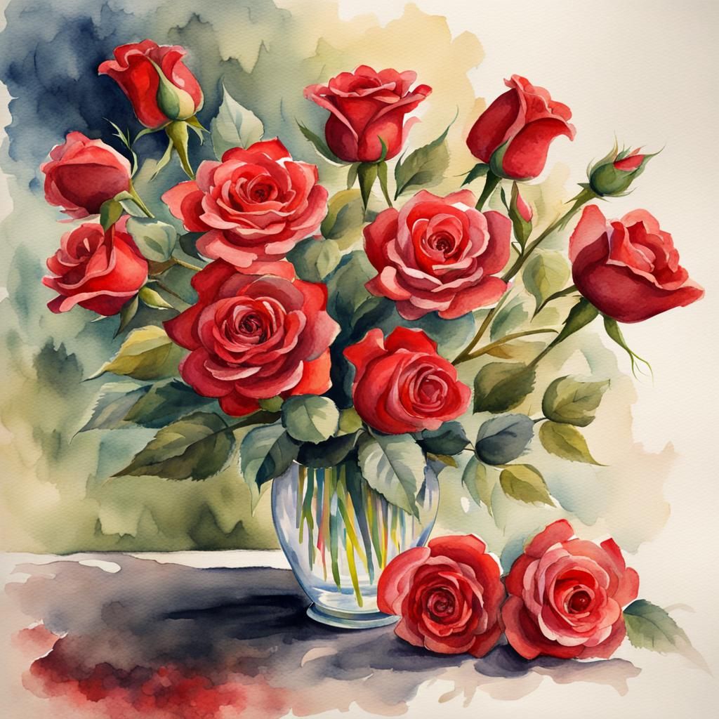Watercolor Red Roses Bouquet in Vase