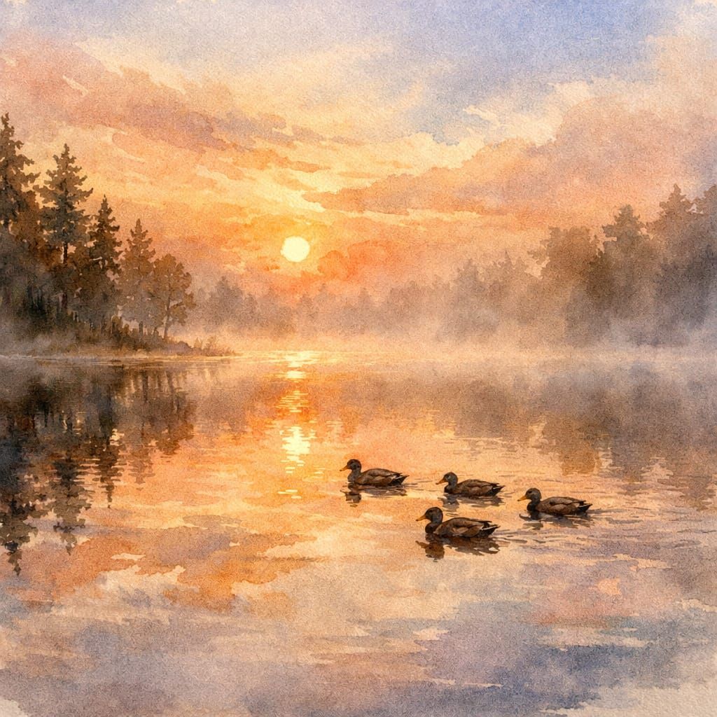 Golden Hour Lake Reflections with Ducks in Watercolor