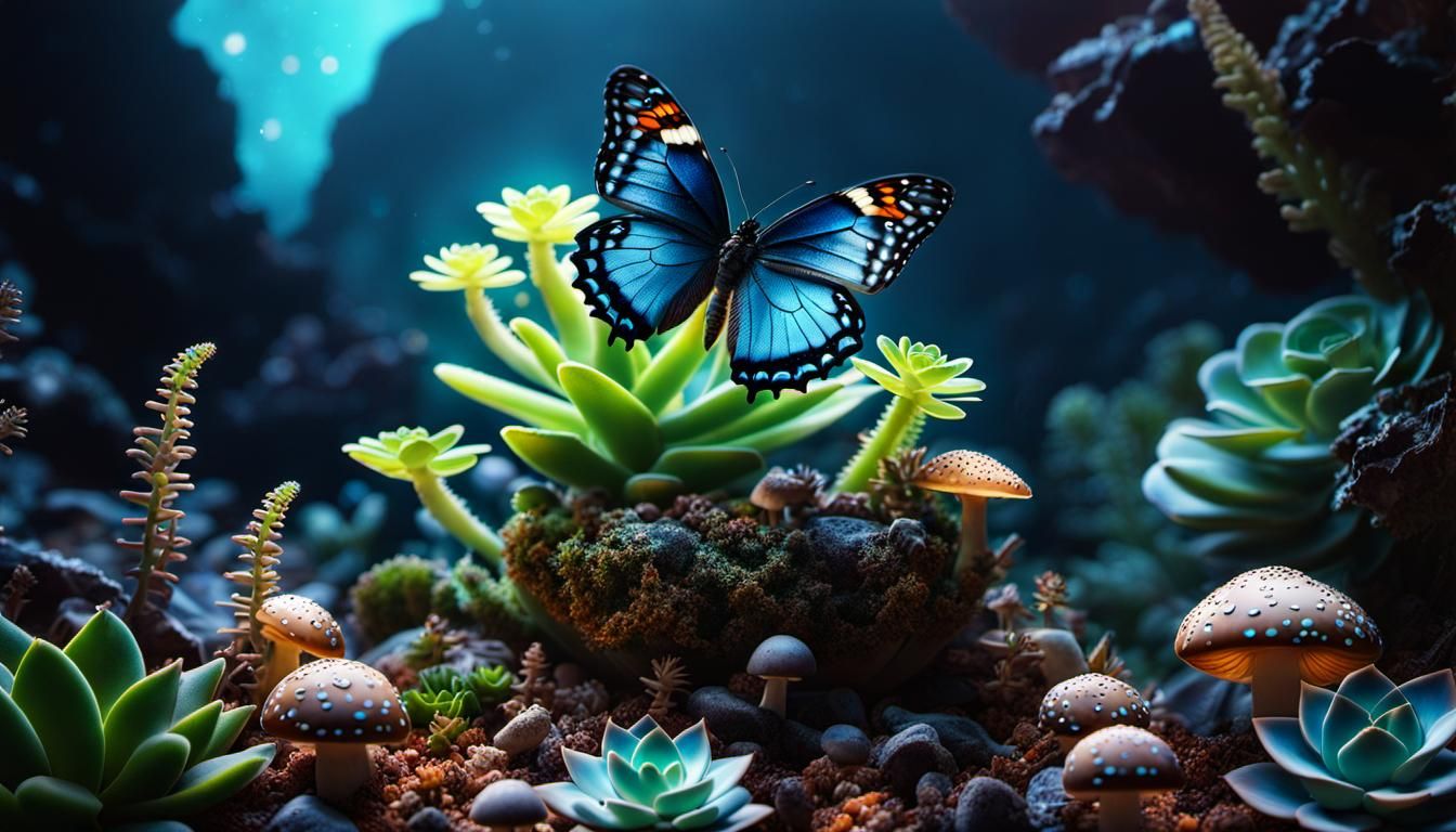 Bioluminescent Butterfly on Succulents: Digital Matte Painti...