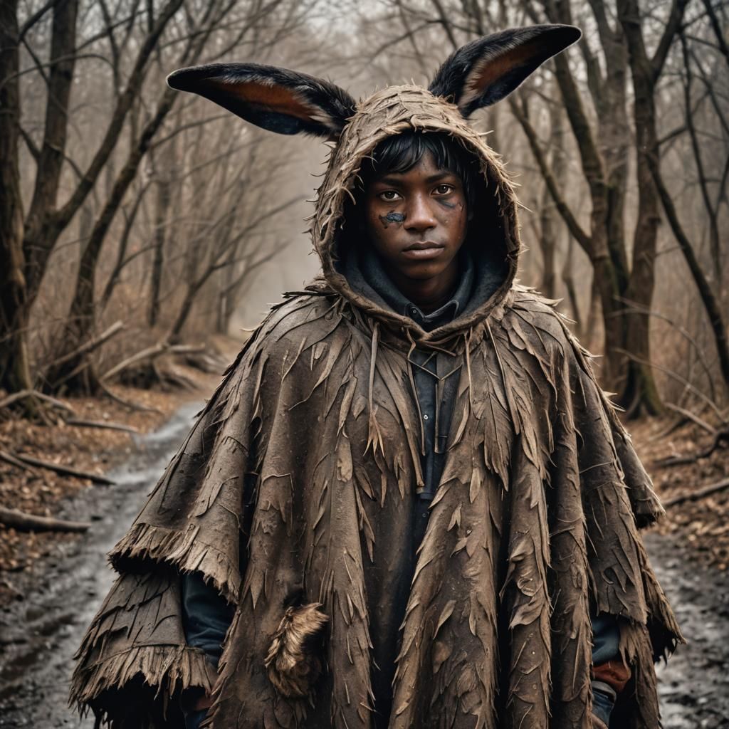 Boy with Rabbit Ears in Animal Pelt Poncho