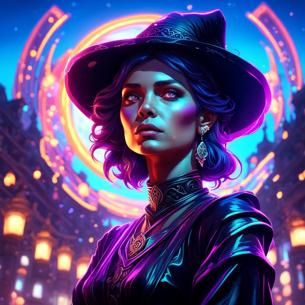 Neon Witch Portrait in Hyperdetailed Digital Art