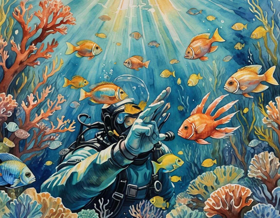 Scuba Diver and Coral Reef in Impressionist Watercolor