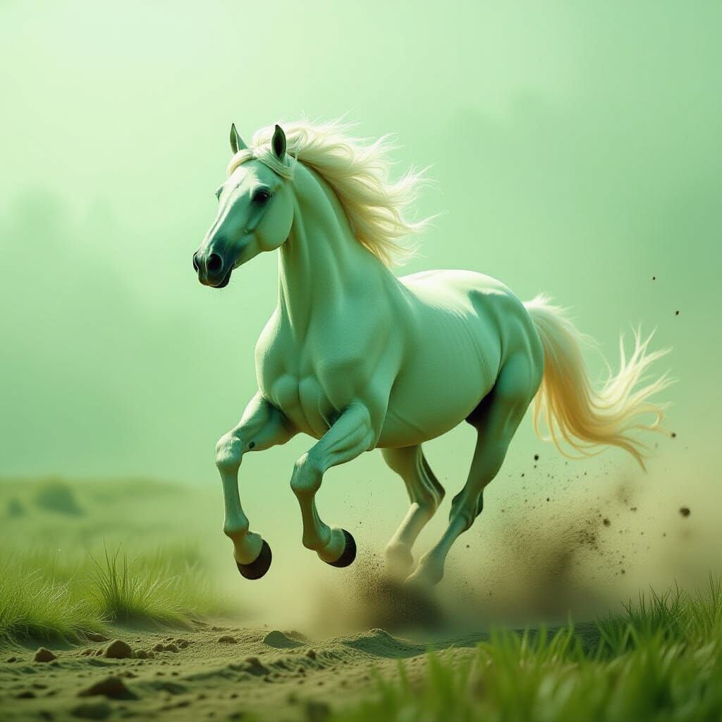 Ethereal Green Horse Galloping in Monochromatic Landscape