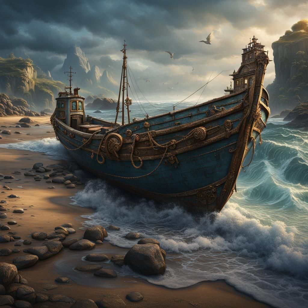 Fisherman's Boat on Shore: Detailed Matte Painting