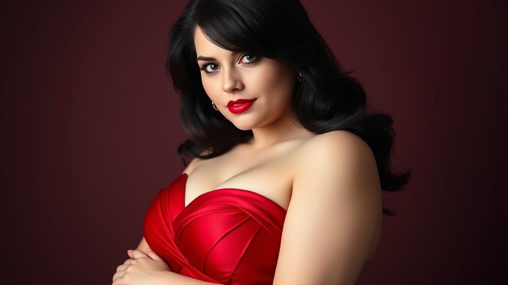 Glamorous Thirty-Something Woman in Ruby Red Evening Gown