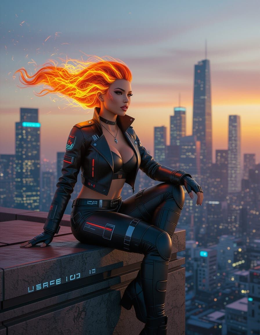 Futuristic Woman with Fiery Hair on City Rooftop
