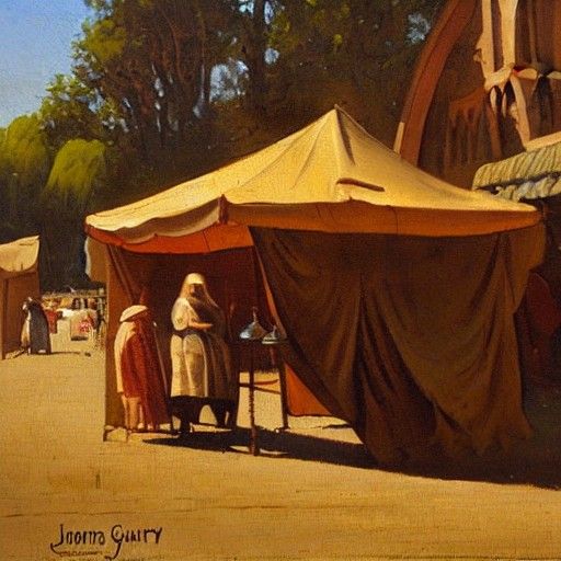 Medieval Town Market Stall as Oil Painting