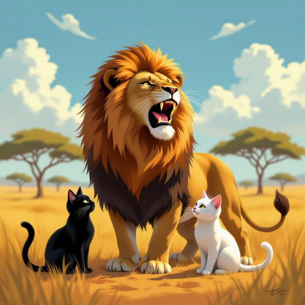 Lion Roars with Cats on Savanna Sky