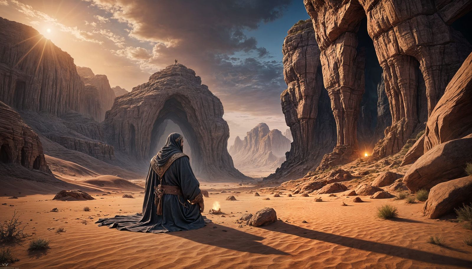 Eremit praying to god 
in the desert before a cave  at sundd...