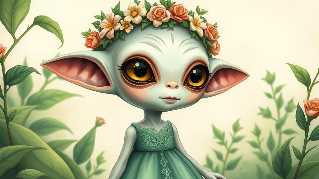 Endearing Alien in Lush Greenery, Nostalgic Illustration