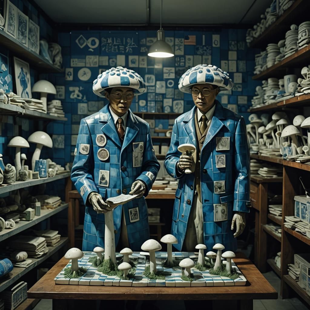 Surreal Bureaucrats Counting Mushrooms: Eerie Sculpture Art
