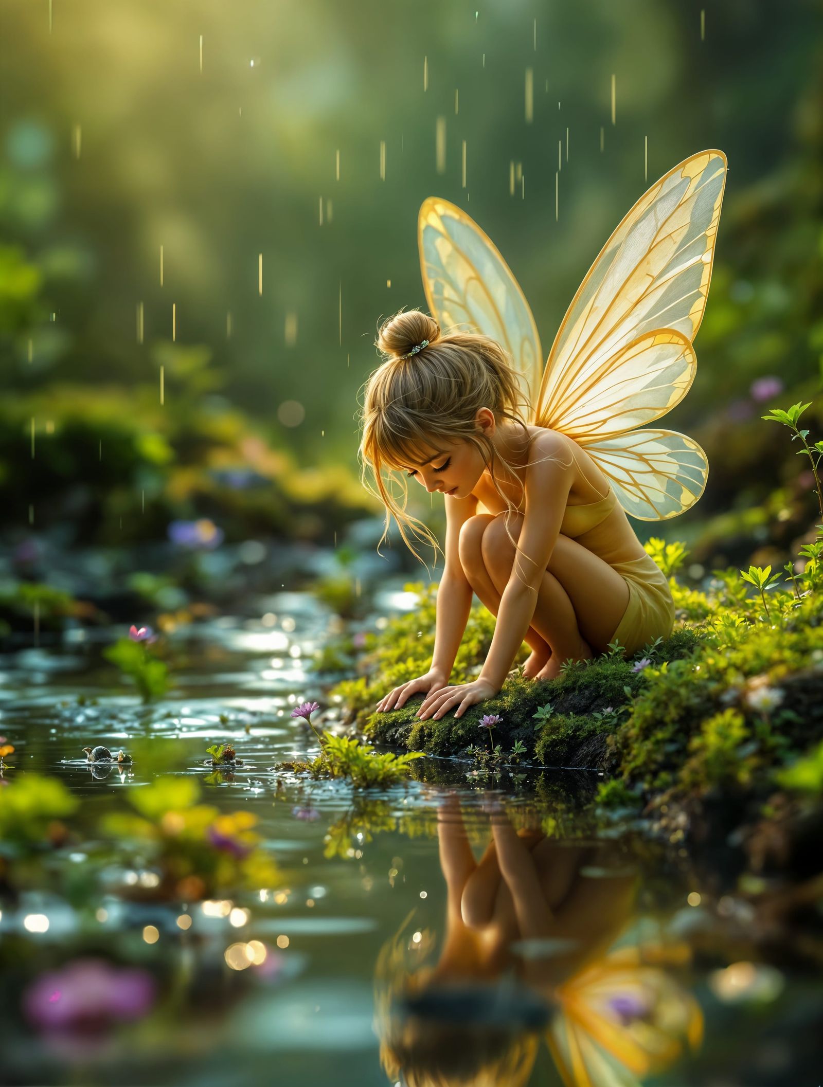 Enchanting Fairy Amidst Rainy Forest Reflections
