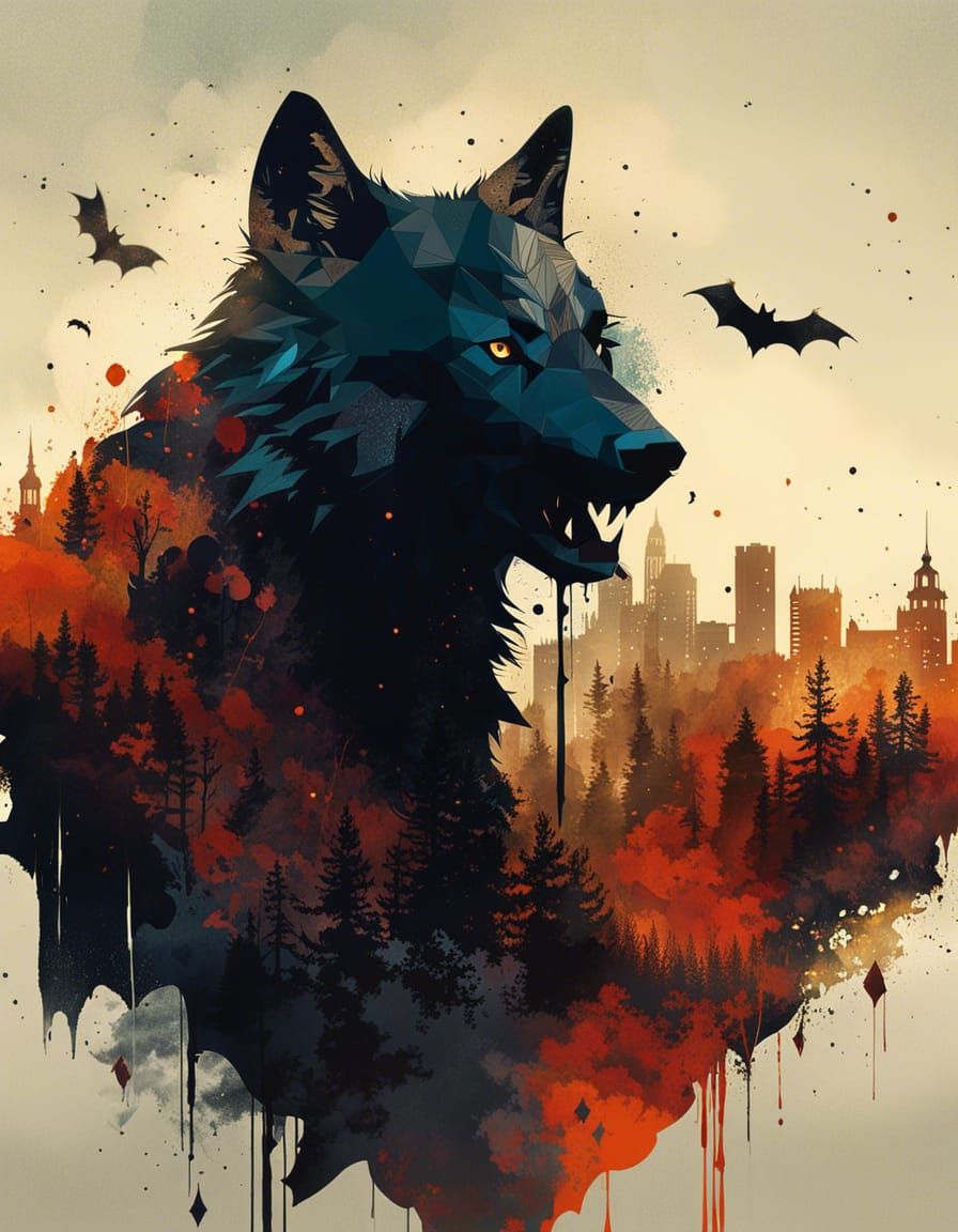 Wolf Silhouette Portrait in Double Exposure Style