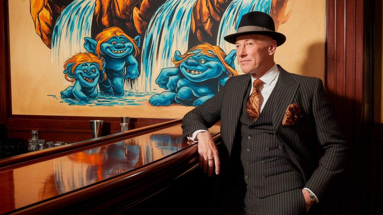 1920s Dapper Man in Speakeasy with Troll Artwork