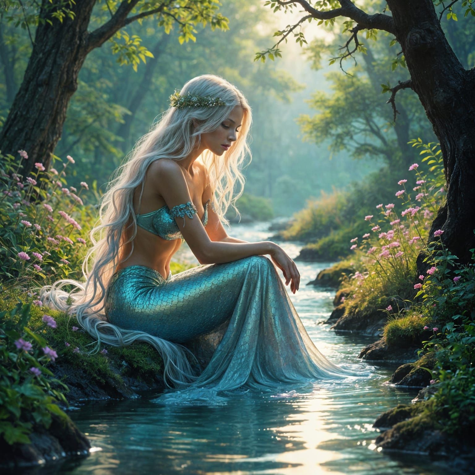 Mythical Dryad by Crystal Stream in Sunset Light