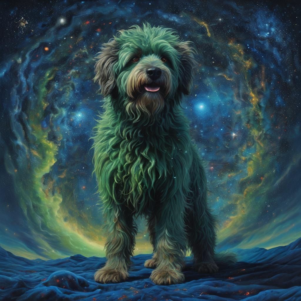 Surreal Green Dog in Daliesque Cosmic Dreamscape