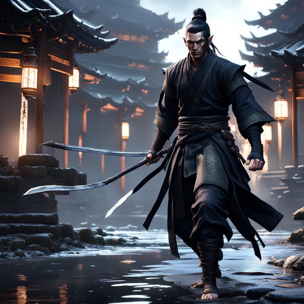 Detailed Shadar Kai Elf Kensei Monk in Dark Fantasy Style