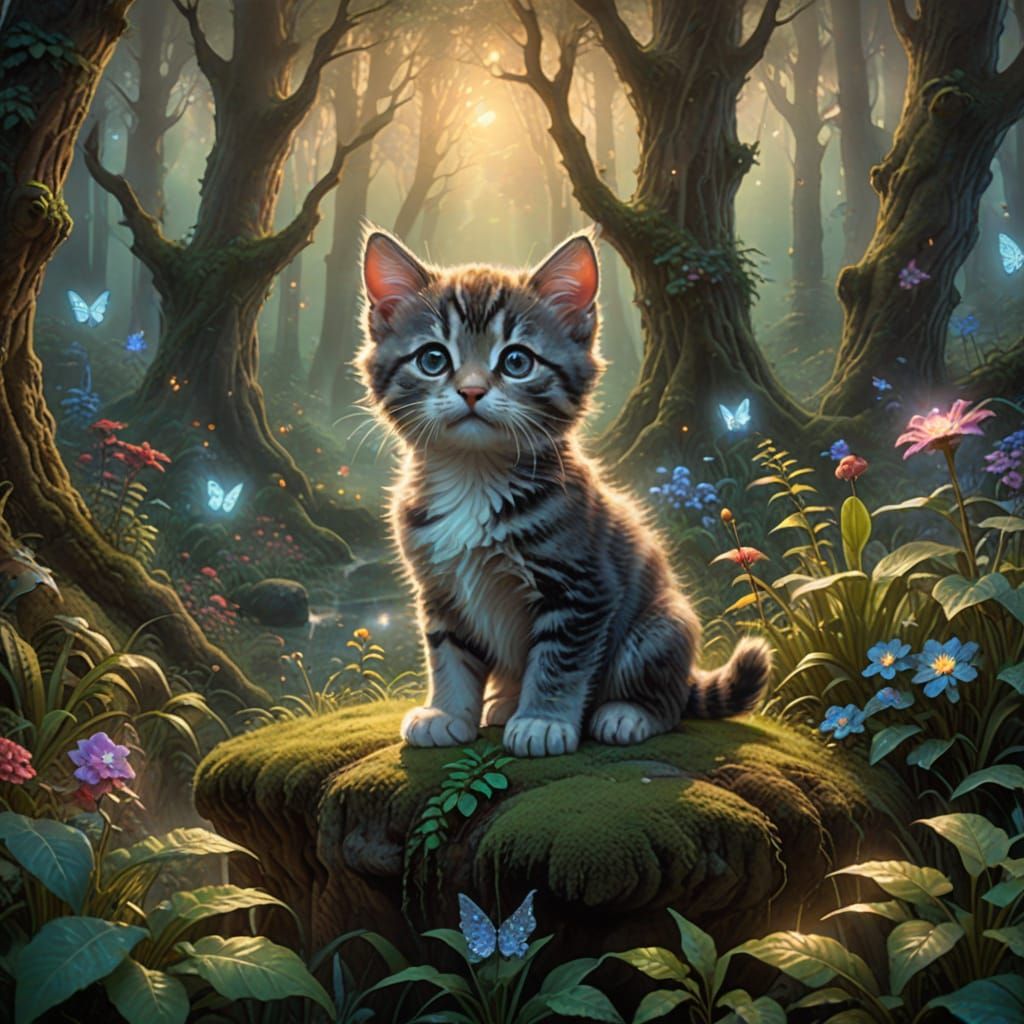 Fantasy Kitten Rides Puppy in Ethereal Forest