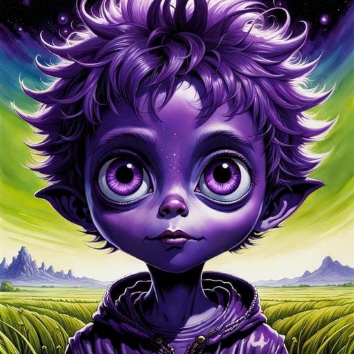 Purple Alien Boy Portrait in Watercolor Style