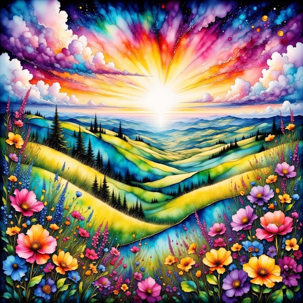 <lora:Fantasy Ink Flux:1.0> <lora:Ink Poet:1.0> rainbow scene