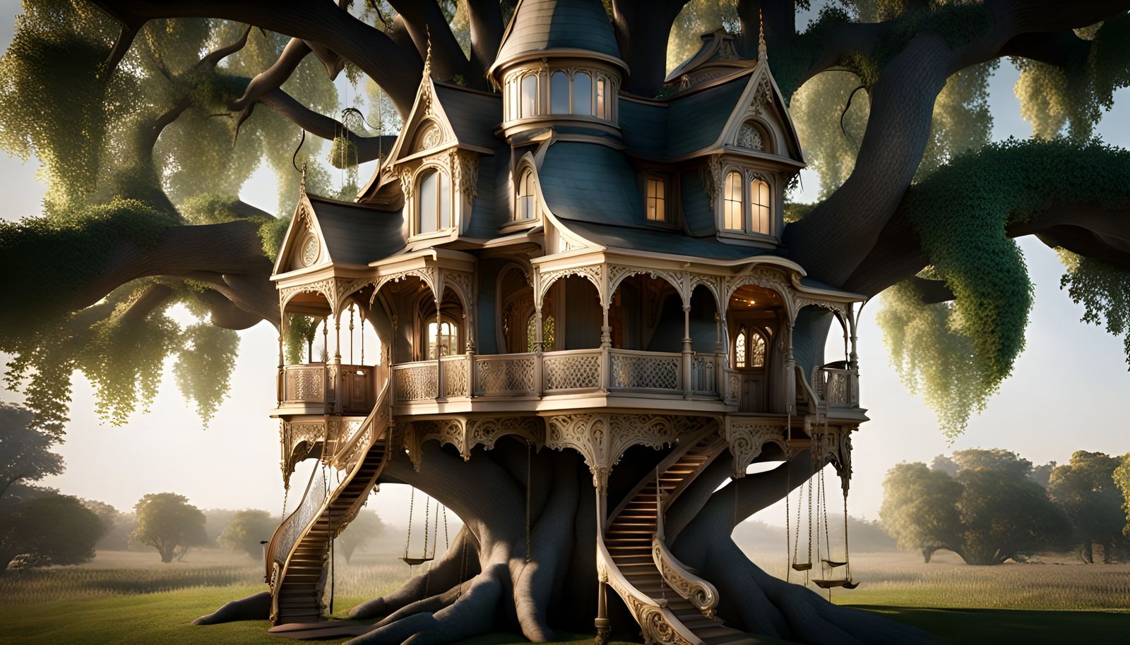 Victorian Treehouse with Swing: Intricate 8K Detail
