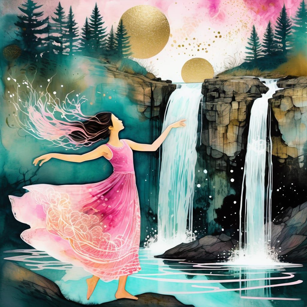 Dreamy, Fluid, and Mystical Waterfall Scene in Vibrant Pink