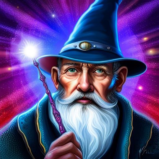 Greyhaired Wizard with Glowing Wand Portrait