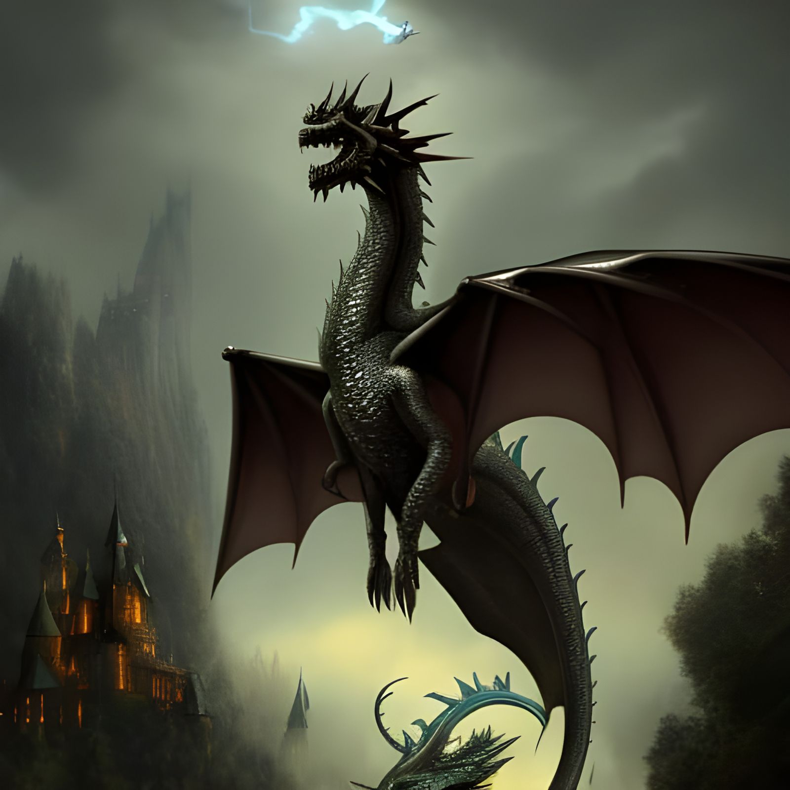 Metallic Dragon Over Enchanted Forest, Dark Fantasy Art