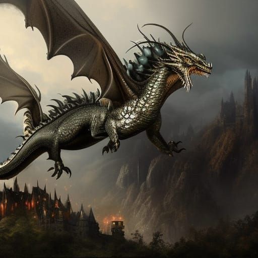 Metallic Dragon Over Enchanted Forest Castle in Dark Fantasy